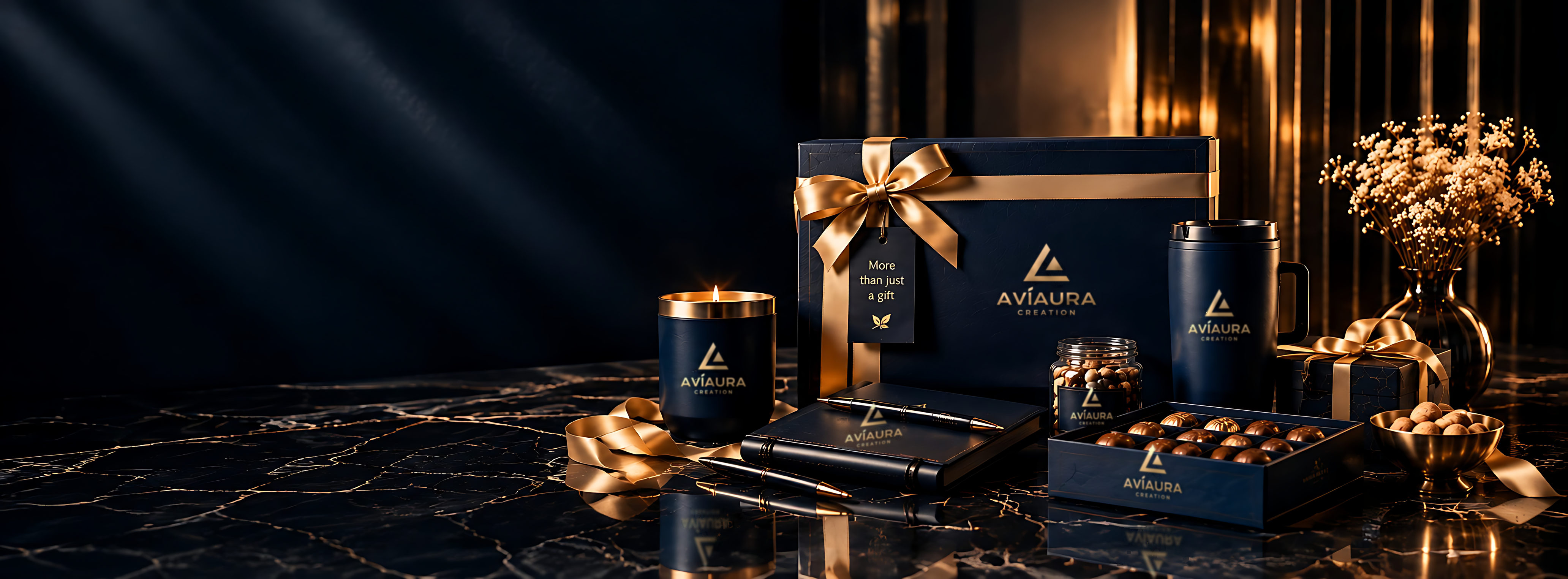 Aviaura Creation — premium corporate gifts Aviaura Creation premium corporate gift hamper in navy and gold: branded gift box, tumbler, candle, diary and chocolates